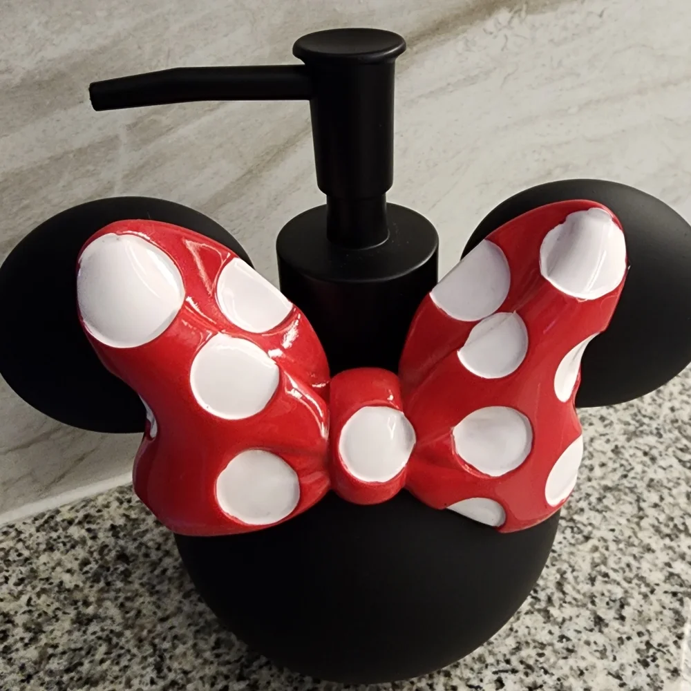 NWT Disney Minnie Mouse Black Soap Dispenser 6in Red Polka Dot Bow Lotion Pump